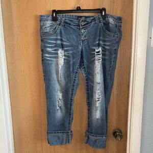 Angels Distressed Blue Women’s Capri Jeans - Casual Button-Fly Cuffed